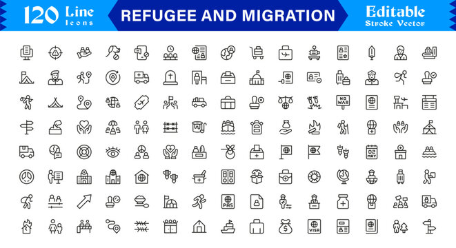 Refugee And Migration Professional Line Icon Set &ndash; Modern Minimal Outline Collection Featuring Pixel Perfect Editable Symbols Of Immigration, Displacement And Travel