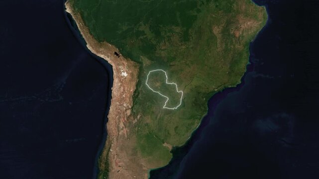 World Map to Country Zoom Animation with Glowing Border Outline Paraguay