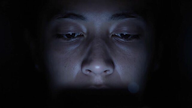 Close-up of Woman&rsquo;s Face Illuminated by Smartphone Screen in Dark Room &ndash; Mobile Addiction and Insomnia