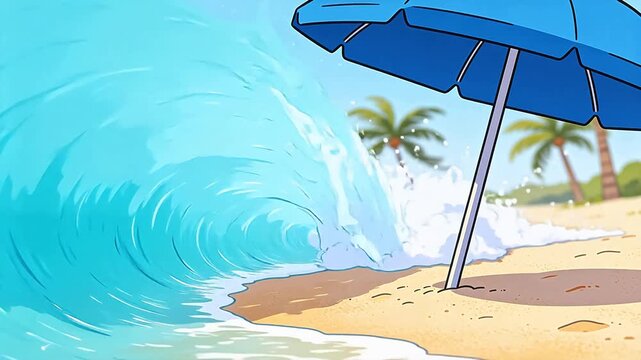Sunny beach scene with blue parasol rolling waves and palm trees under blue sky