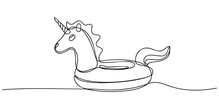 Inflatable unicorn pool float continuous one line drawing, Unicorn swimming ring, continuous line art design isolated. Inflatable life buoy on water pool. Summer vacation beach party concept. Vector.
