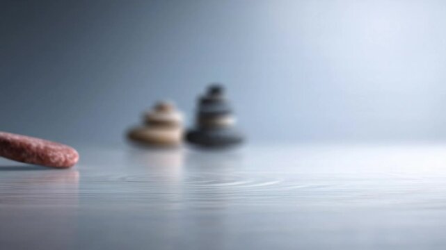 Stones and pebbles arranged in a serene pattern on a reflective surface with soft lighting