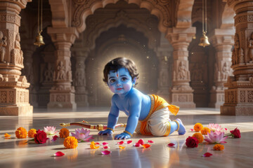 Baby Krishna Crawling in Temple with Flowers and Bow image (146