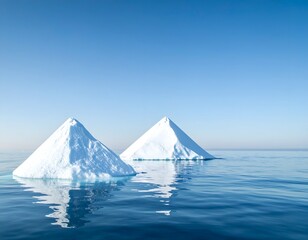 Two pyramidal icebergs floating in a calm ocean under a clear, bright blue sky with reflections