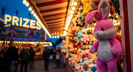 Obraz premium Pink stuffed bunny at colorful carnival prize booth with lights