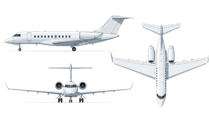Detailed vehicle autocad blueprint of a jet aircraft shown from multiple viewpoints including side top and front views