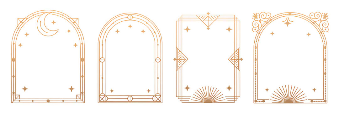 Mystical Gold Line Art Borders Set with Celestial and Art Deco Patterns, Elegant Bohemian Vector Illustration