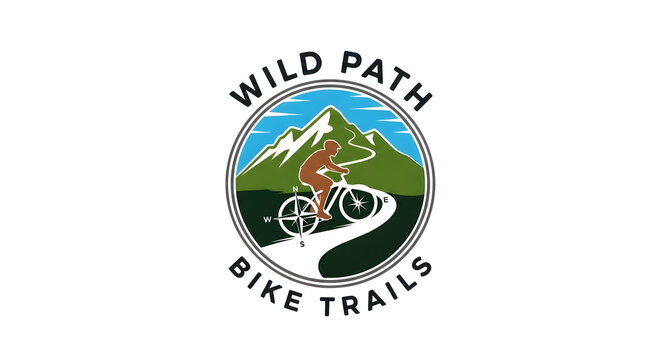 A circular emblem featuring a cyclist riding on a mountain path with a compass design