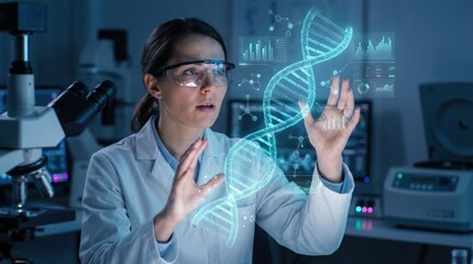 Obraz premium Female Scientist Interacting with Holographic DNA in a Research Lab