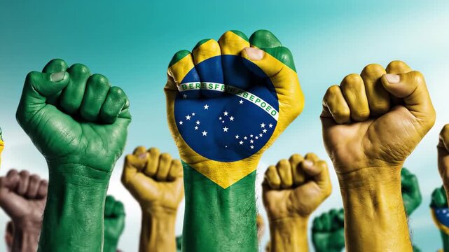 Fists raised with brazilian flag colors against a bright blue sky, symbolizing national pride and protest