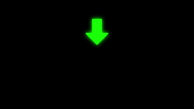 Green  arrow pointing down direction animation on black  screen, vector illustration of an arrow icon animation video 4k, animated arrowhead moving down, Chroma key