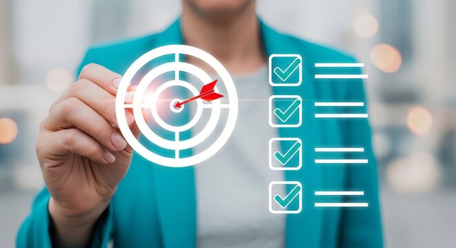Businesswoman drawing a target with a red arrow hitting the bullseye and checklist on a transparent screen in a blurred office background