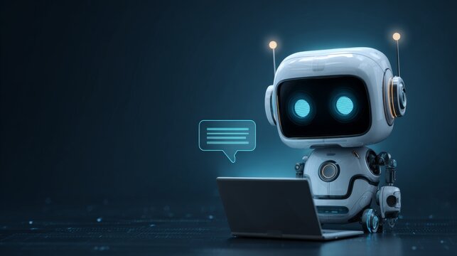 Futuristic artificial intelligence robot analyzing data on computer screen in modern office, advanced ai chatbot assistant managing digital tasks, automation technology and smart machine learning conc