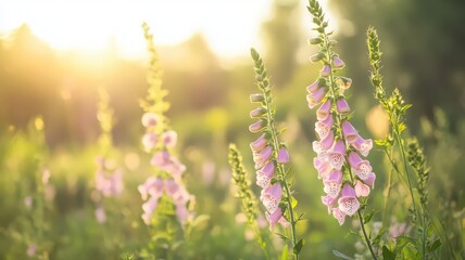 Obraz premium Foxglove Flowers with Tall Spires of Blossoms on a Soft Background During Golden Hour