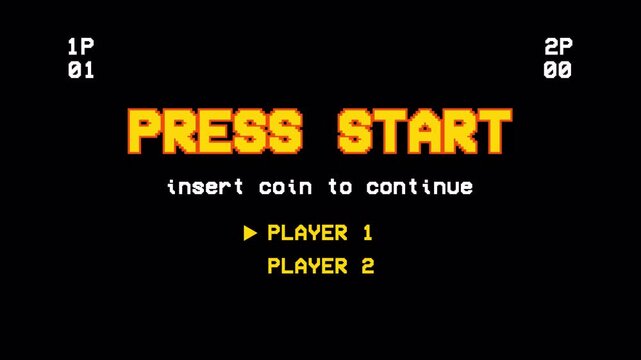 Press Start Pixel 8 Bit Retro Arcade Game Screen Animation Loop 4k video animation seamless loop