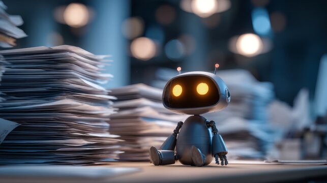 Cute small ai robot with glowing eyes sitting beside messy stack of office documents on desk, concept of artificial intelligence overload, digital assistant managing paperwork, automation stress, mode
