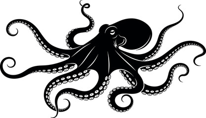 Black and white octopus illustration, detailed tentacles curling, marine life artwork, ocean animal design, underwater creature drawing, bold artistic style © MDKHALEDUL