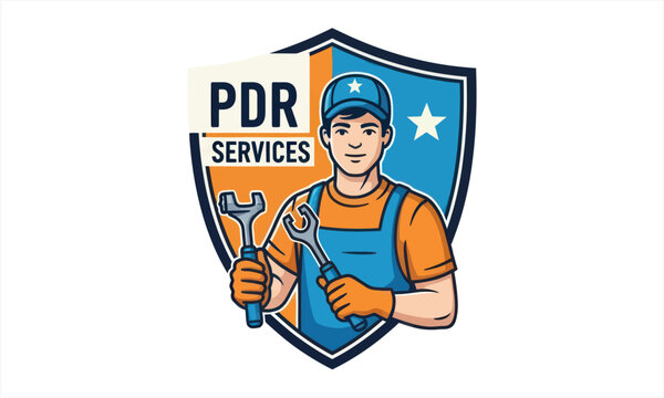 Skilled Technician with Tools for PDR Services Emblem.