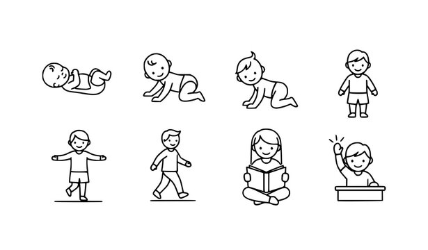 Child development milestone line icon set vector