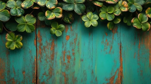 Rustic wooden background with lush green clover leaves. Saint Patrick's Day, St Paddy's Day, St Patty's Day - Irish National Holiday and Cultural Celebration