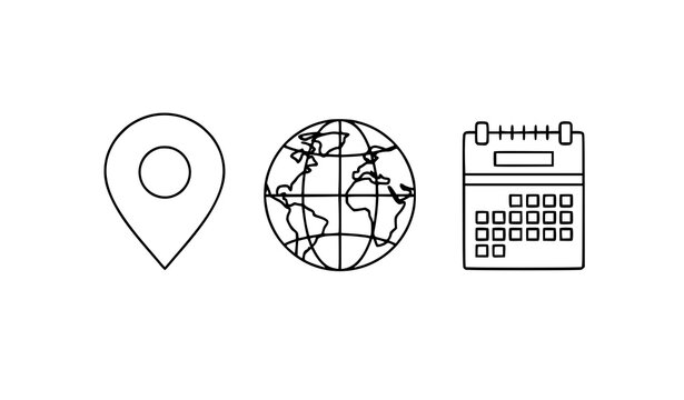 Minimal travel globe calendar outline icons vector