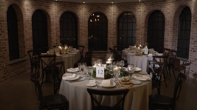 Atmospheric wedding venue setup with elegant table settings, glowing candles, and decorative lanterns creating a warm and romantic ambiance. Beautiful reception d cor prepared for guests, cozy evening