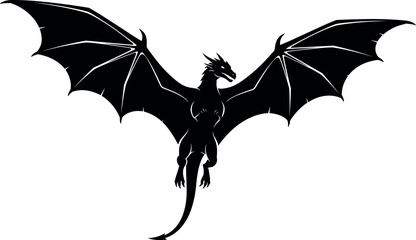 Black dragon silhouette illustration, flying mythical creature artwork, fantasy animal design, winged dragon drawing, fierce legendary beast, bold artistic shadow style © MDKHALEDUL