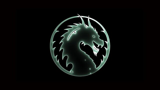 Greenish Glow Dragon Head Emblem on Black Background outline
