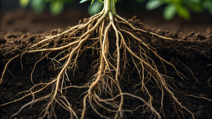 Roots grow deep into soil beneath a green plant in a garden setting during daytime