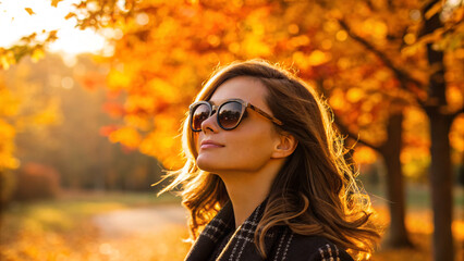 Fototapeta premium Woman enjoys autumn sunlight while wearing sunglasses in a park with trees and orange leaves during golden hour