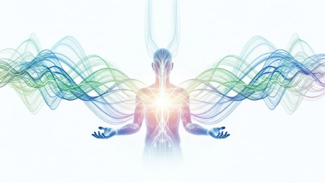 Human energy field and aura visualized with vibrant abstract wave patterns