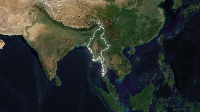 World Map to Country Zoom Animation with Glowing Border Outline Myanmar