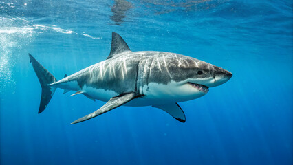 Fototapeta premium Great white shark swims in clear blue ocean water near the surface during bright daylight hours in a marine environment