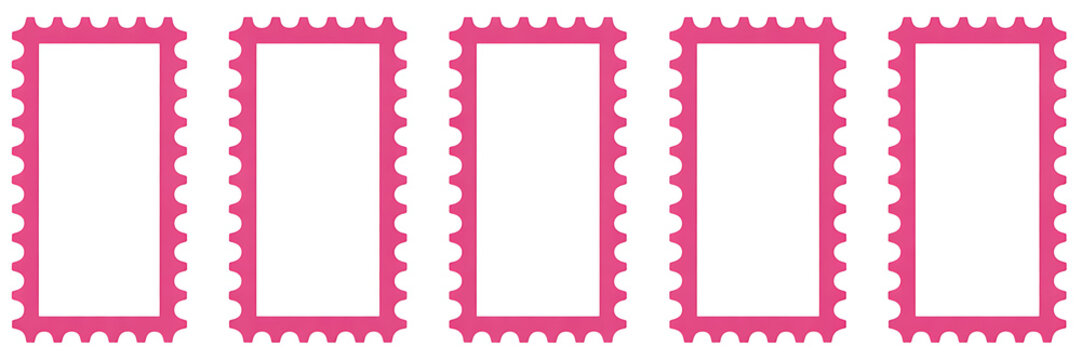 Set of Five Vertical Pink Perforated Postage Stamp Frames on White, Fun Retro Design Element for Invitations and Creative Projects