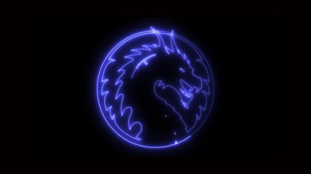 Blue Neon Outline Dragon Head Emblem on Black Background image photo
