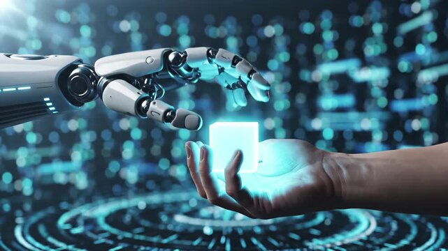 Robot hand transferring glowing cube to human hand in digital abstract background