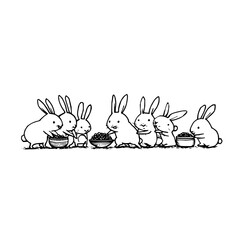Naklejka premium Six cartoon rabbits eating from bowls in a simple black and white illustration with a clean background