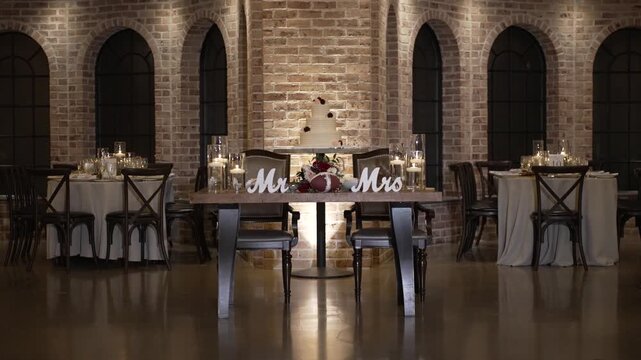 Atmospheric wedding venue setup with elegant table settings, glowing candles, and decorative lanterns creating a warm and romantic ambiance. Beautiful reception d cor prepared for guests, cozy evening