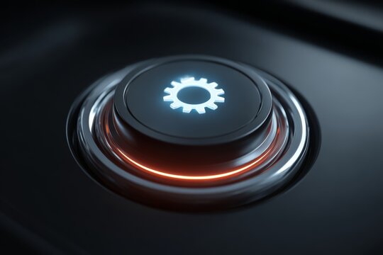 A modern push button with a glowing gear icon