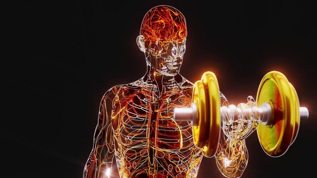 Conceptual 3D animation of a person doing biceps curls