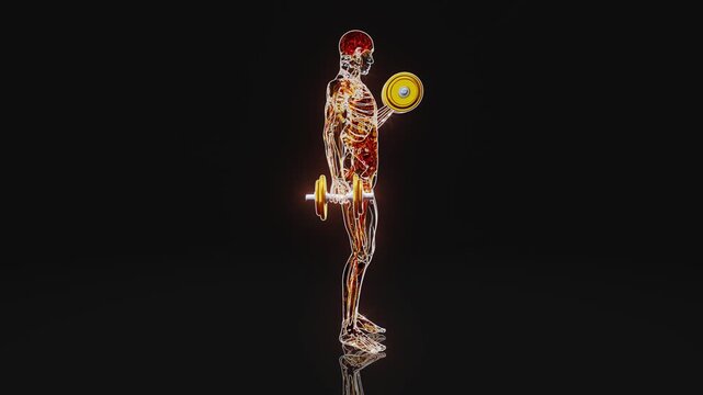 Conceptual 3D animation of a person doing biceps curls