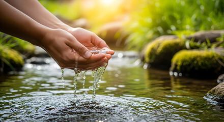 Realistic image of hands holding fresh flowing water, representing access to clean water and sustainability efforts.