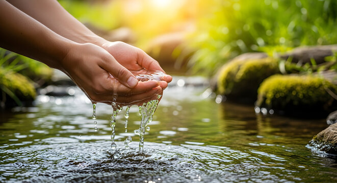 Realistic image of hands holding fresh flowing water, representing access to clean water and sustainability efforts.