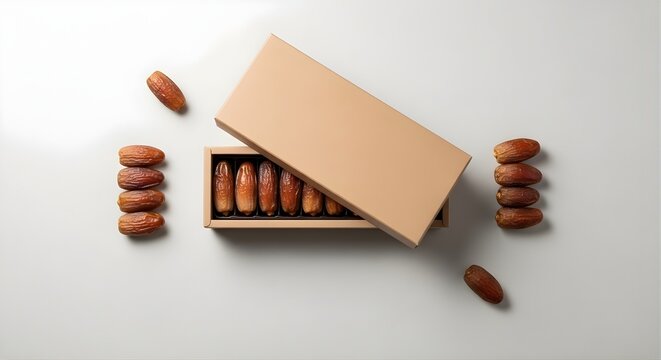 Top-down flat lay of dates packaging box with symmetrical layout on a neutral background