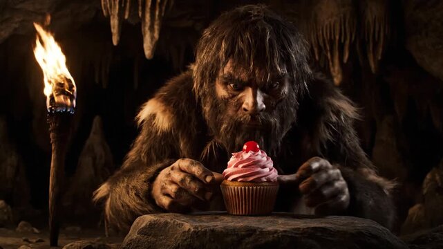 Caveman Discovers and Eats a Cupcake with Cherry