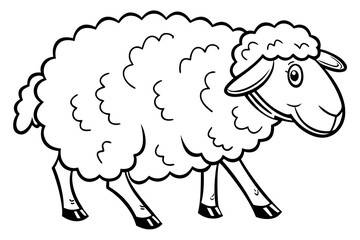 Single cute fluffy sheep coloring book page, one large centered object only, black and white vector line art, bold clean outlines, no shading, no grayscale, no background, white background only, print