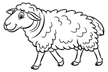 Single cute fluffy sheep coloring book page, one large centered object only, black and white vector line art, bold clean outlines, no shading, no grayscale, no background, white background only, print