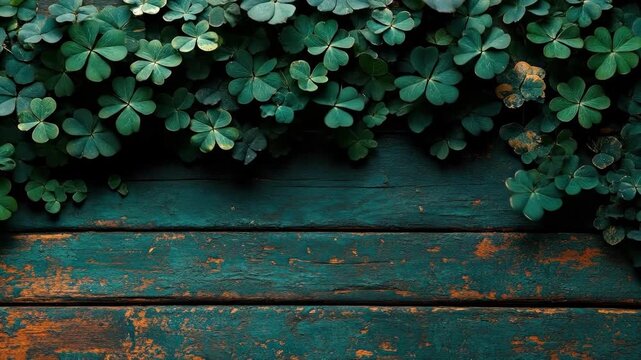 Lush green clover leaves on rustic wooden surface. Saint Patrick's Day, St Paddy's Day, St Patty's Day - Irish National Holiday and Cultural Celebration