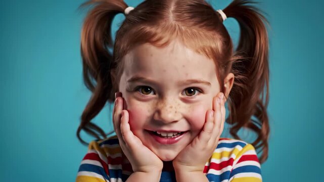 Surprised little girl with freckles and pigtails holding her face against a bright blue background