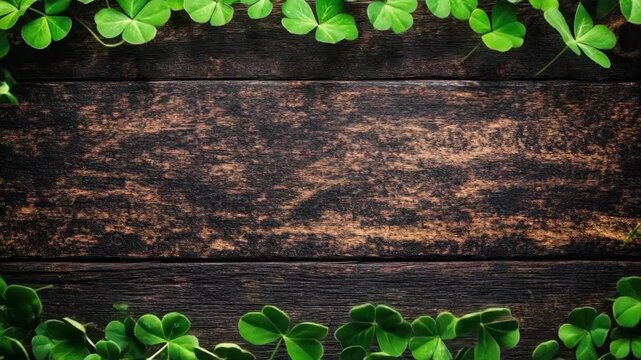 Rustic wooden background with fresh green clover leaves border. Saint Patrick's Day, St Paddy's Day, St Patty's Day - Irish National Holiday and Cultural Celebration